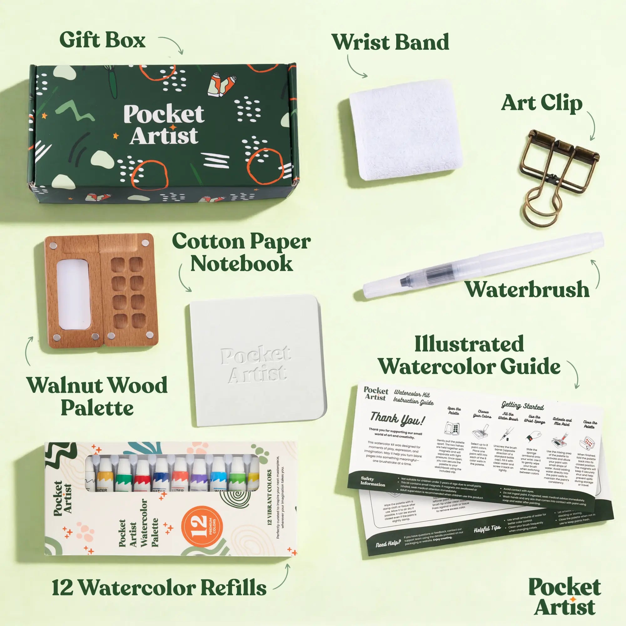 Pocket Artist watercolor paint kit with brushes, paper and palette