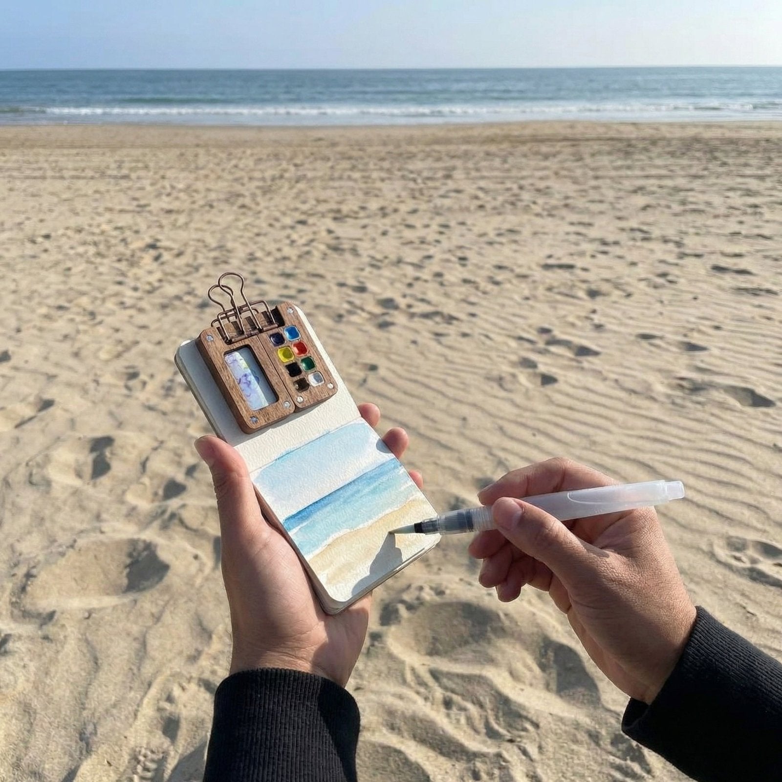 Beginner using Pocket Artist watercolor paint kit while traveling
