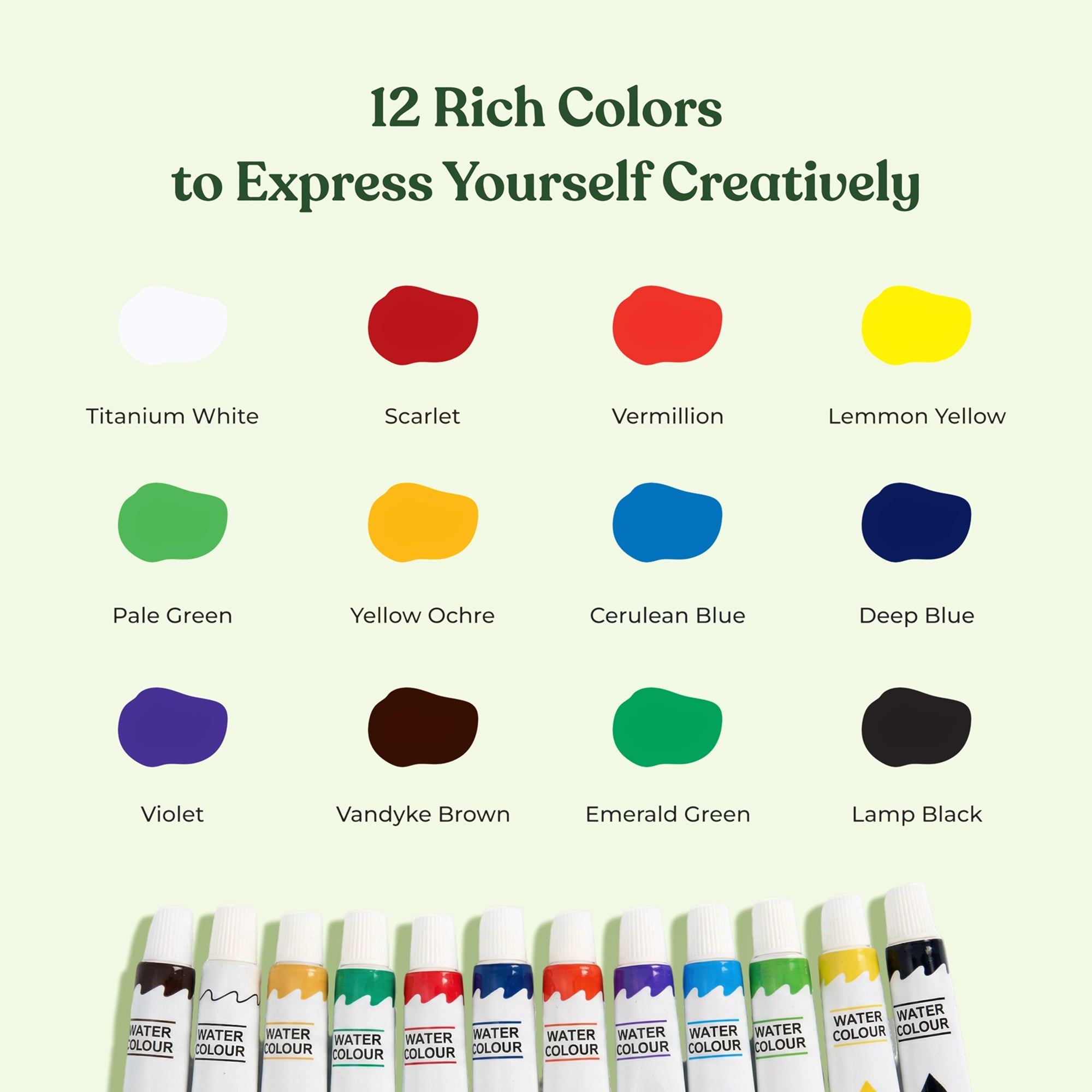 Portable watercolor paint set with colors, brush and paper